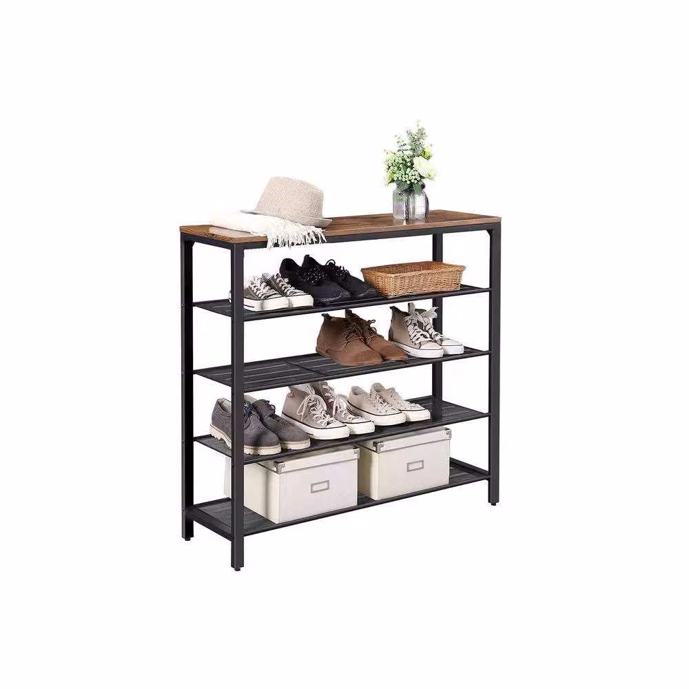 Pirlo Plush 5 Tier Industrial Shoe Rack and Hallway Storage Organiser in Brown and Black – 3