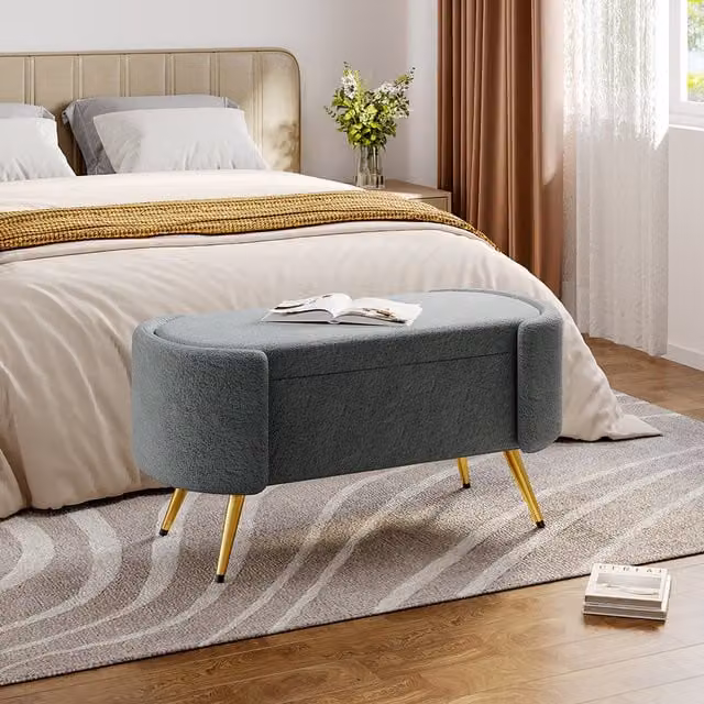 Livingandhome Modern Upholstered Sherpa Accent Stool in Grey with Gold Metal Frame