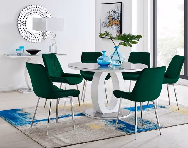 FurnitureboxUK Giovani Round Grey Glass Dining Table with 6 Green Pesaro Silver Leg Chairs