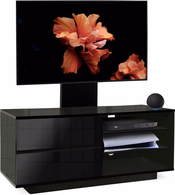 Centurion Supports Gallus Modern TV Cabinet with Mounting Arm in Black Glossy MDF and Glass
