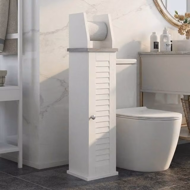 STILVORA White Lacquered Freestanding Bathroom Floor Cabinet with Cupboard and Roll Holder