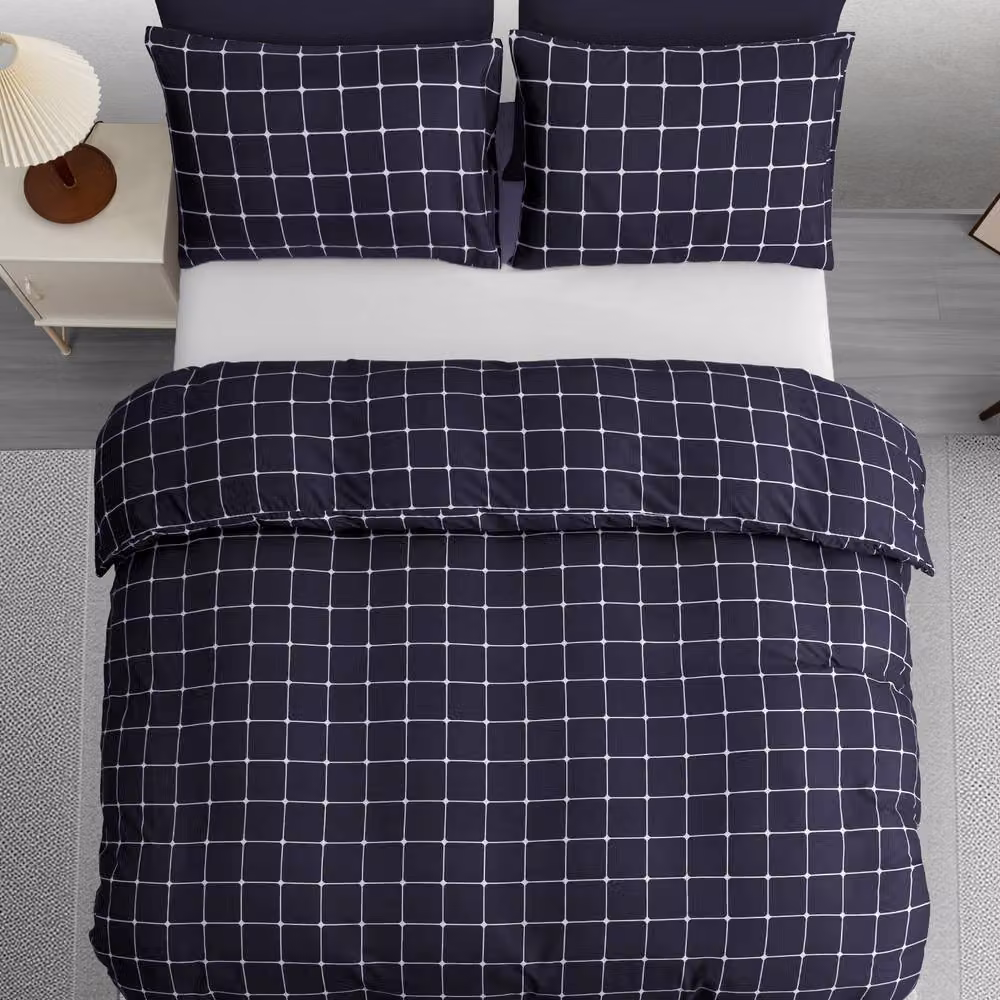 Lazzaro Home Reversible Checked Microfibre Duvet Cover and Pillowcase Set in Navy Blue – 3