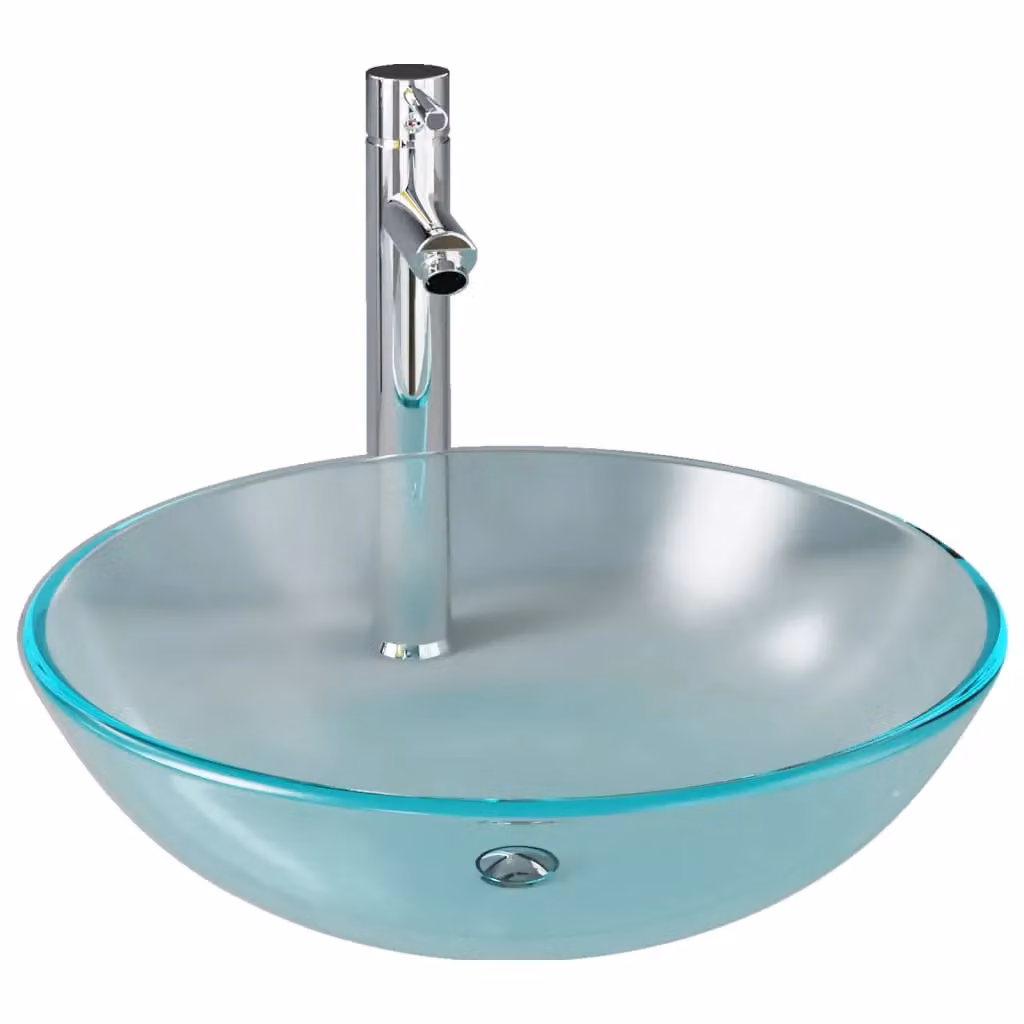 Berkfield Home Round Frosted Tempered Glass Countertop Bathroom Sink with Tap and Push Drain in Silver – 2