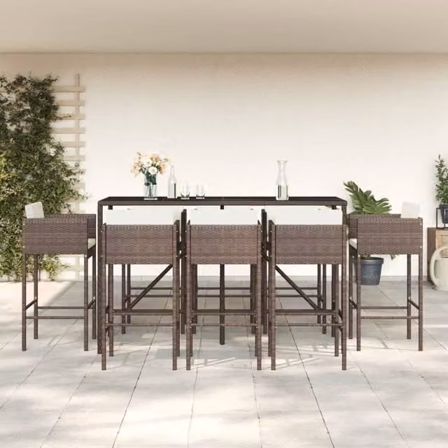 Berkfield Home 9 Piece Brown Poly Rattan Garden Bar Set with Cushions