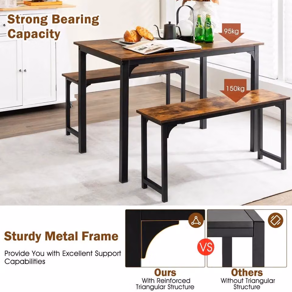 Costway 3-Piece Industrial Dining Table Set with 2 Benches in Brown – 6