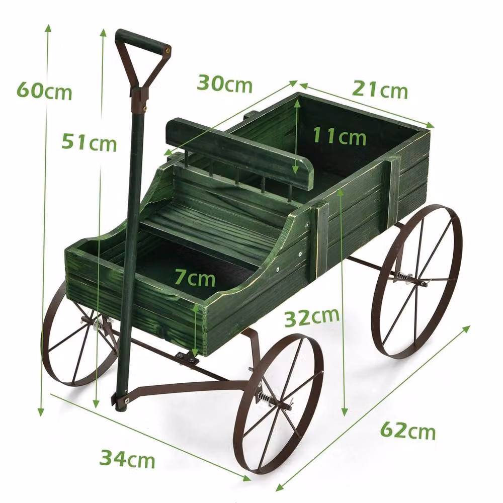 NESTLUNE Wooden Garden Flower Planter Wagon with Wheels in Green, W/D/H: 62.0 x 51.0 x 30.0 cm – 2