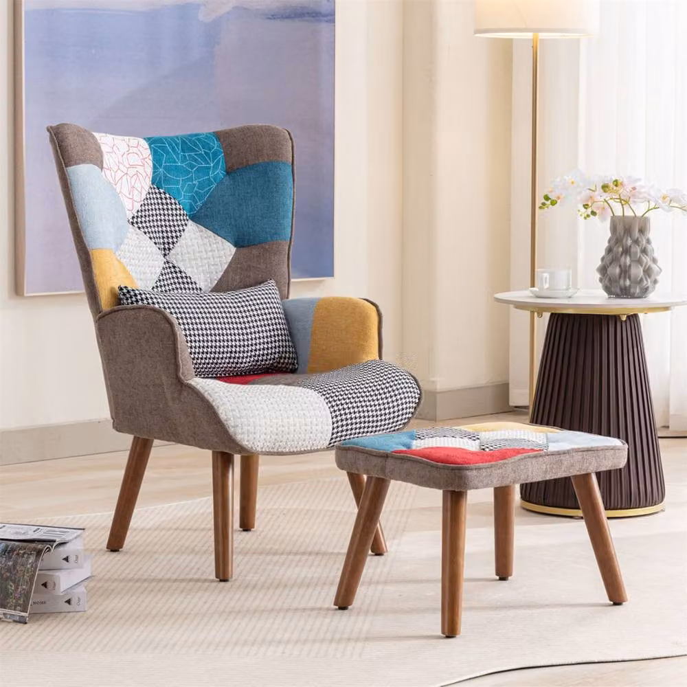 Kelvenix Patchwork Fabric Upholstered High Back Lounge Chair with Ottoman in Multicolour – 2