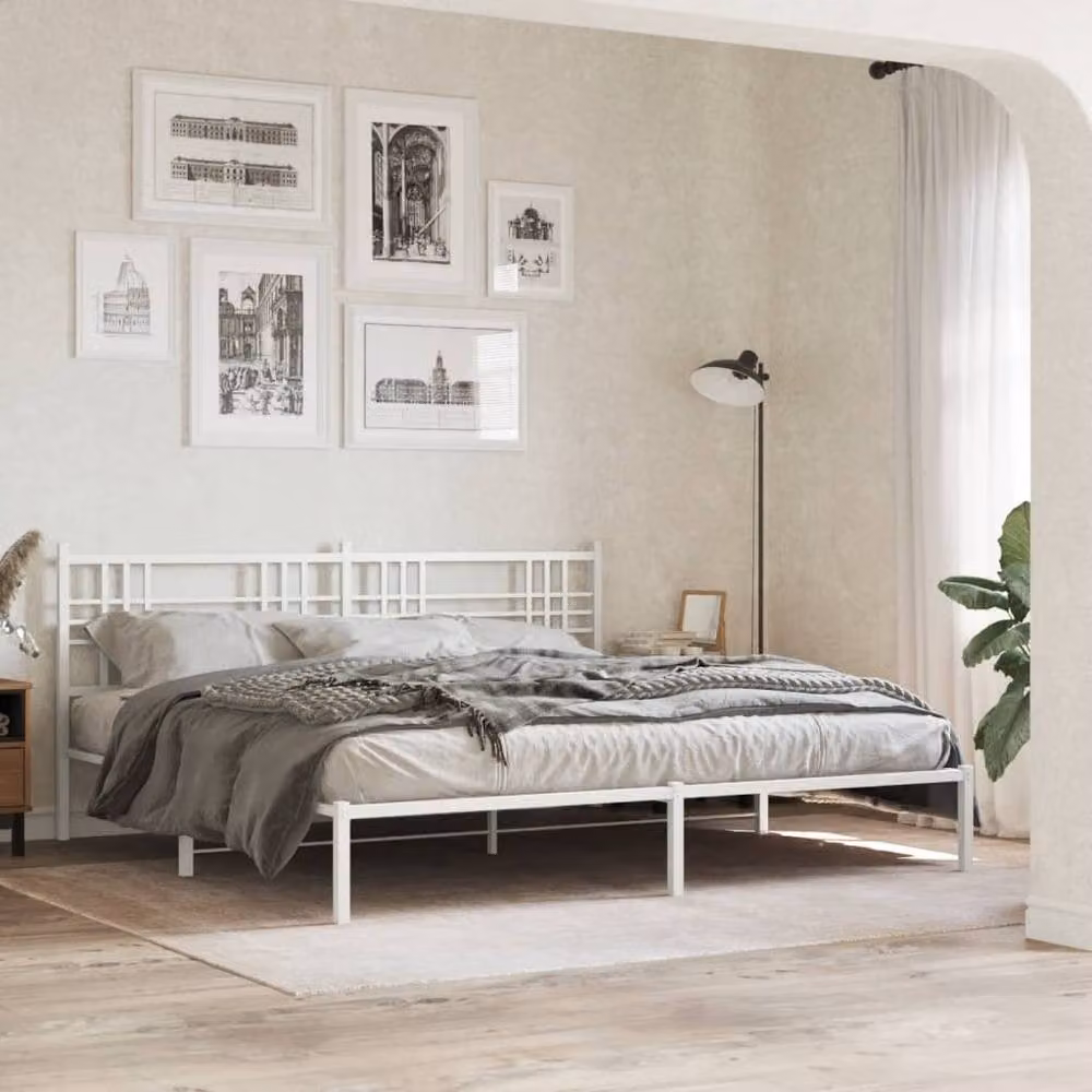 Berkfield Home Metal Bed Frame with Headboard, White, W: 183 cm, L: 213 cm – 2