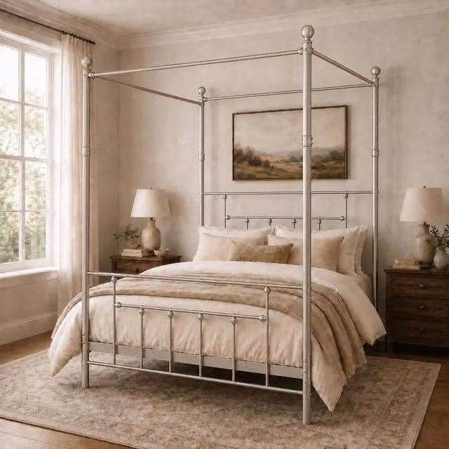 SquareBoxx Charlotte Double Four Poster Metal Bed Frame with Metal Slats in Silver, 140 x 200 cm