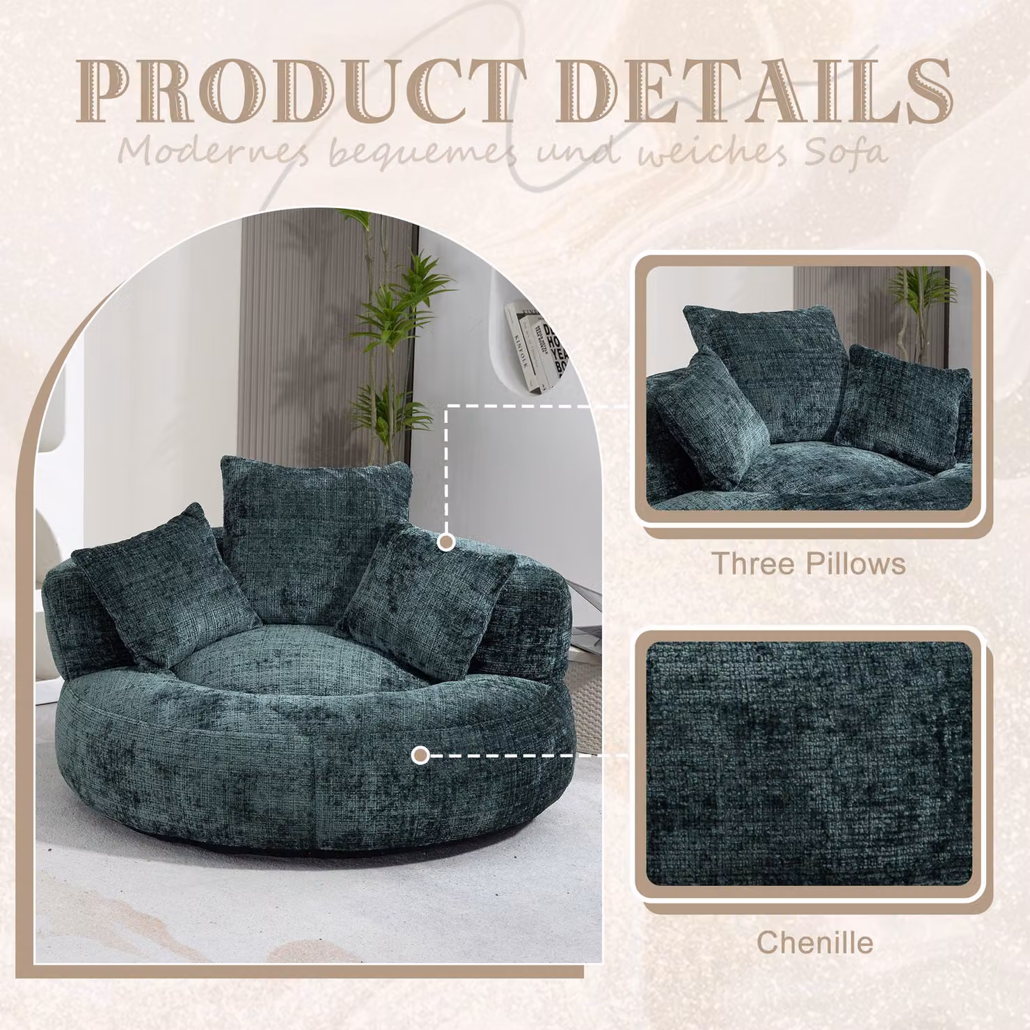 Aosom UK Green Lazy Sofa Bean Bag Chair with 3 Pillows and Shredded Memory Foam Filling, W/D/H: 108 x 108 x 52 cm – 3