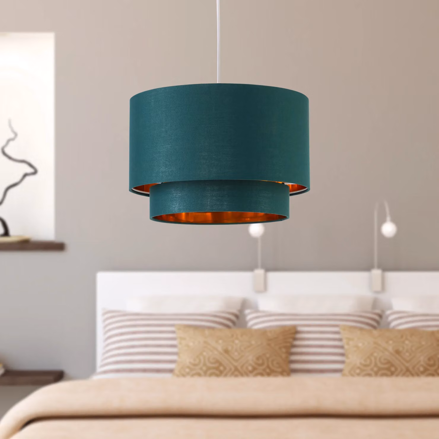 First Choice Lighting Kozy Set of 2 Cylinder Pendant Shades in Green and Gold, Diameter: 30 cm – 5