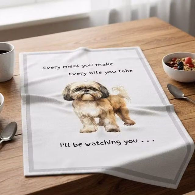 Animal Crackers Shih Tzu Funny Dog Tea Towel in White and Grey Cotton, 66 cm – 1