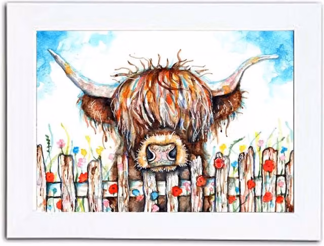 Be Coventry Highland Cow Over the Fence Watercolour Framed Paper Poster in Brown and Grey, 14.8 cm