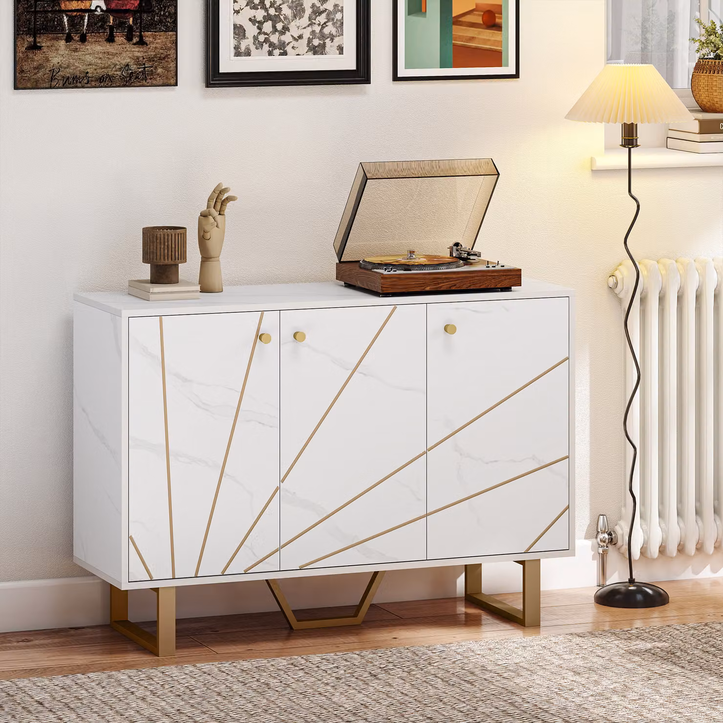 HOMCOM Modern Sideboard Storage Cabinet with Adjustable Shelves and Metal Legs in White and Gold – 2