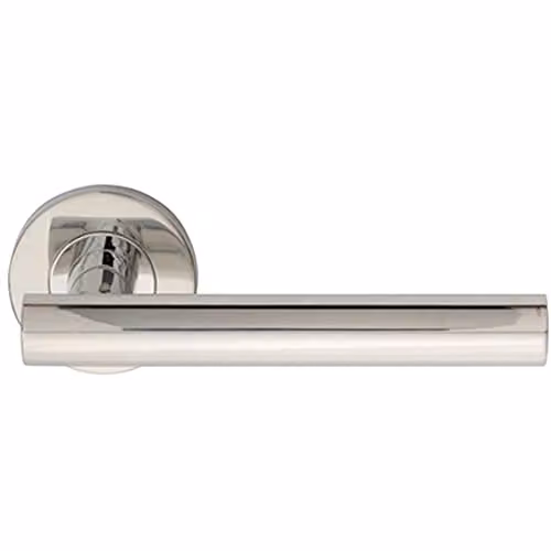 Loops Pair of Straight Round T-Bar Door Handles on Round Rose in Polished Stainless Steel Silver
