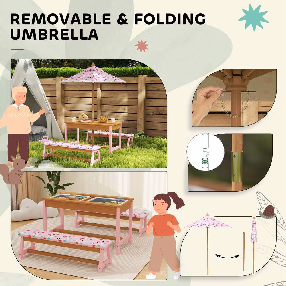 STILVORA Kids Picnic Table Set with Foldable Umbrella in Pink – 5