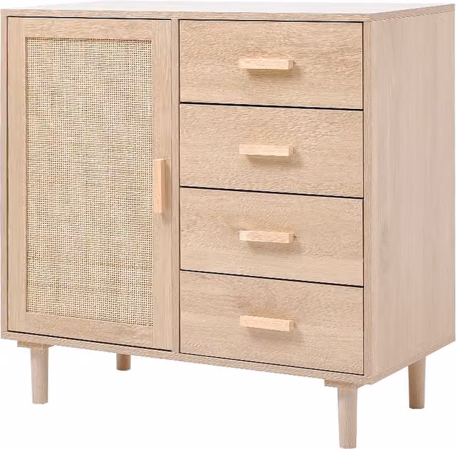 Livingandhome Modern Wooden Side Cabinet with Rattan Accents and Internal Drawers in Brown