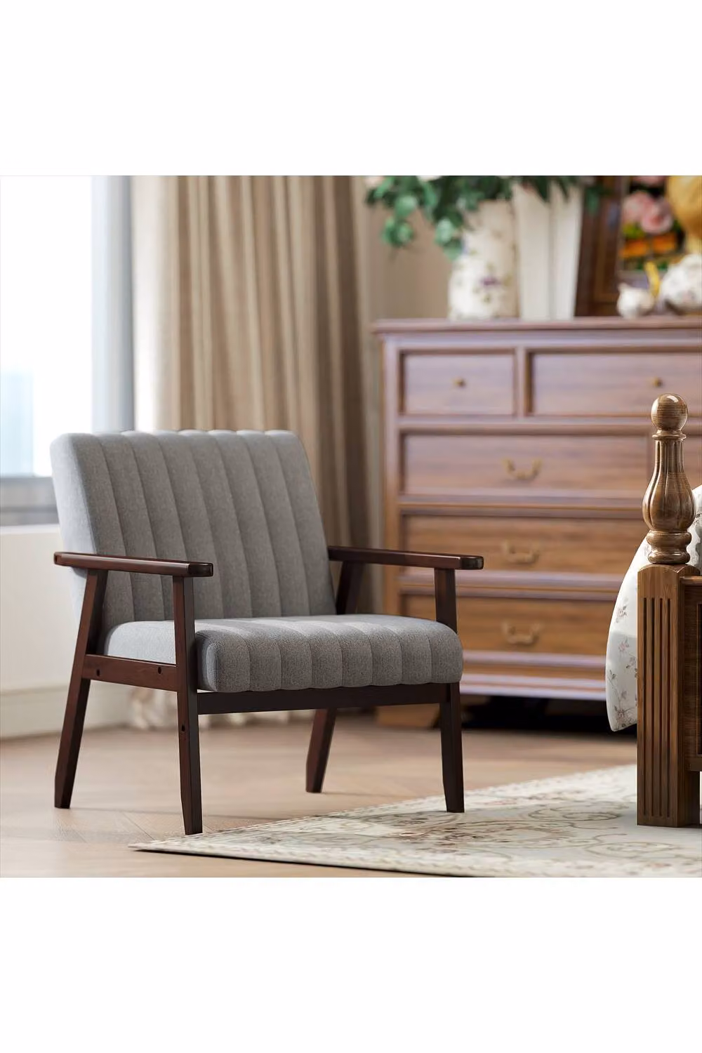 ERGOVEXA Mid Century Accent Chair in Grey Fabric with Armrests and Wood Details, W/D/H: 74.5 x 75.5 x 120 cm – 2