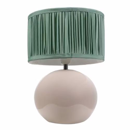 ValueLights Stone Ceramic Table Lamp with Green Ruched Pleated Drum Shade and LED Bulb