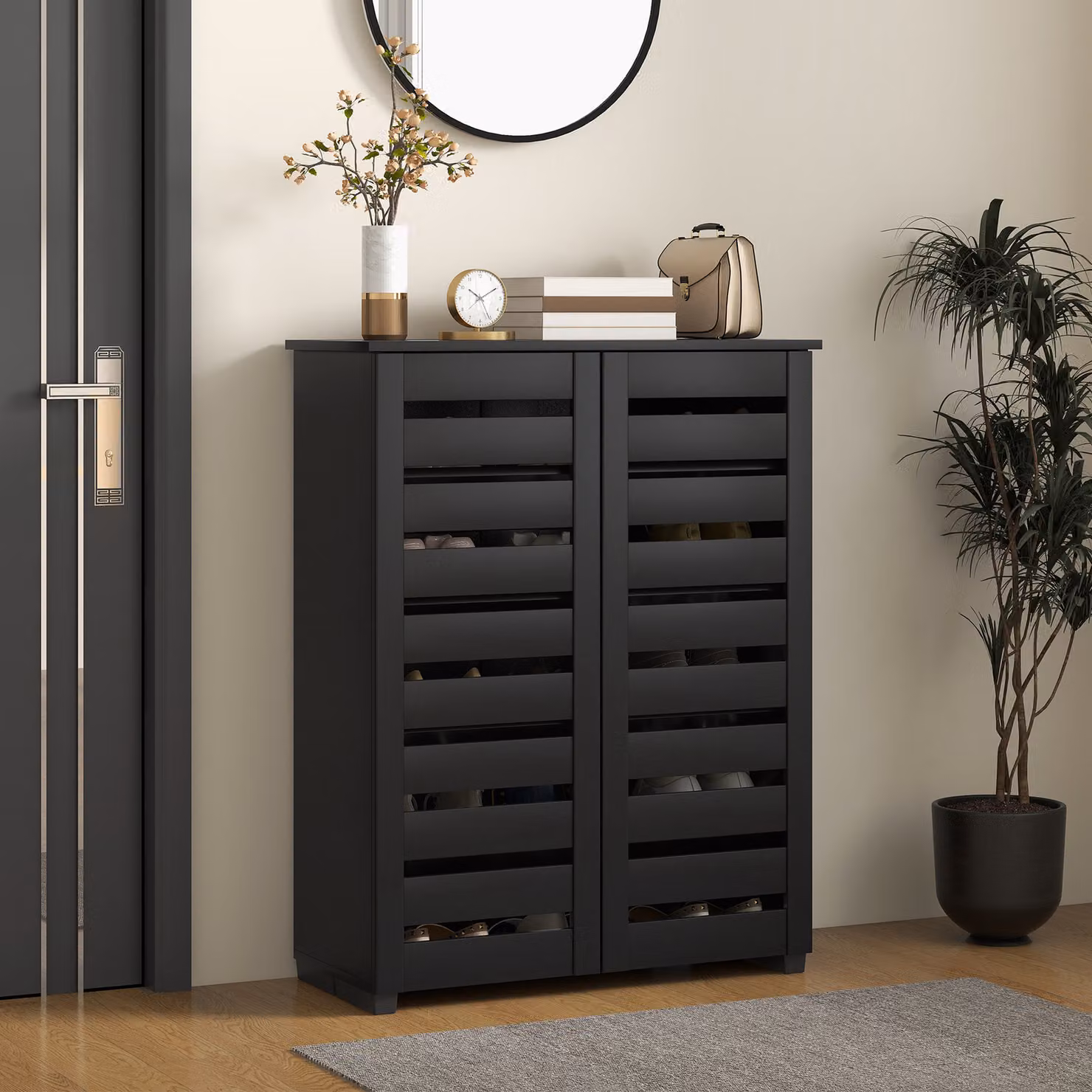 HOMCOM Narrow Slim Shoe Storage Cabinet with 2 Slatted Hinged Doors and Adjustable Shelves, Brown and Black – 2
