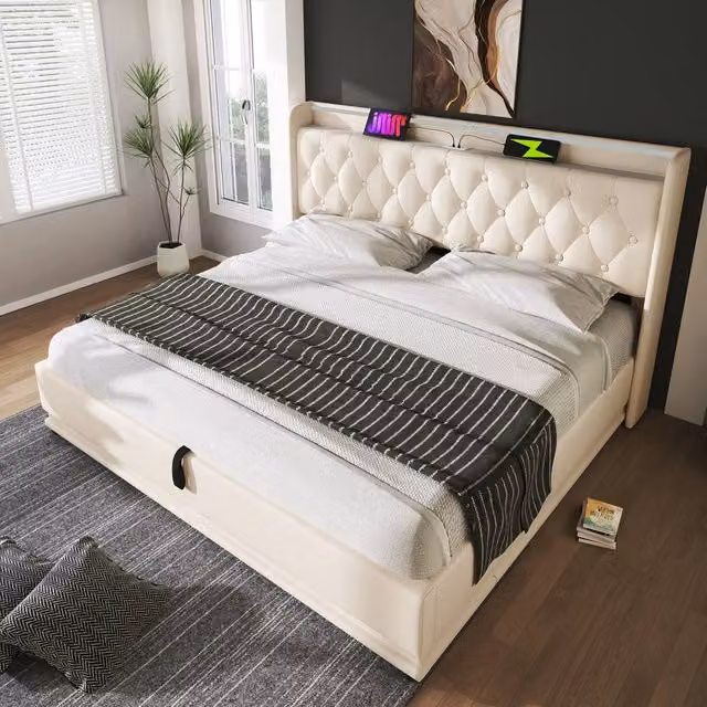 Merax Beige Upholstered Double Bed Frame with Hydraulic Storage, 360 LED Lighting and USB Charging Ports, W: 150 cm x D: 200 cm – 1