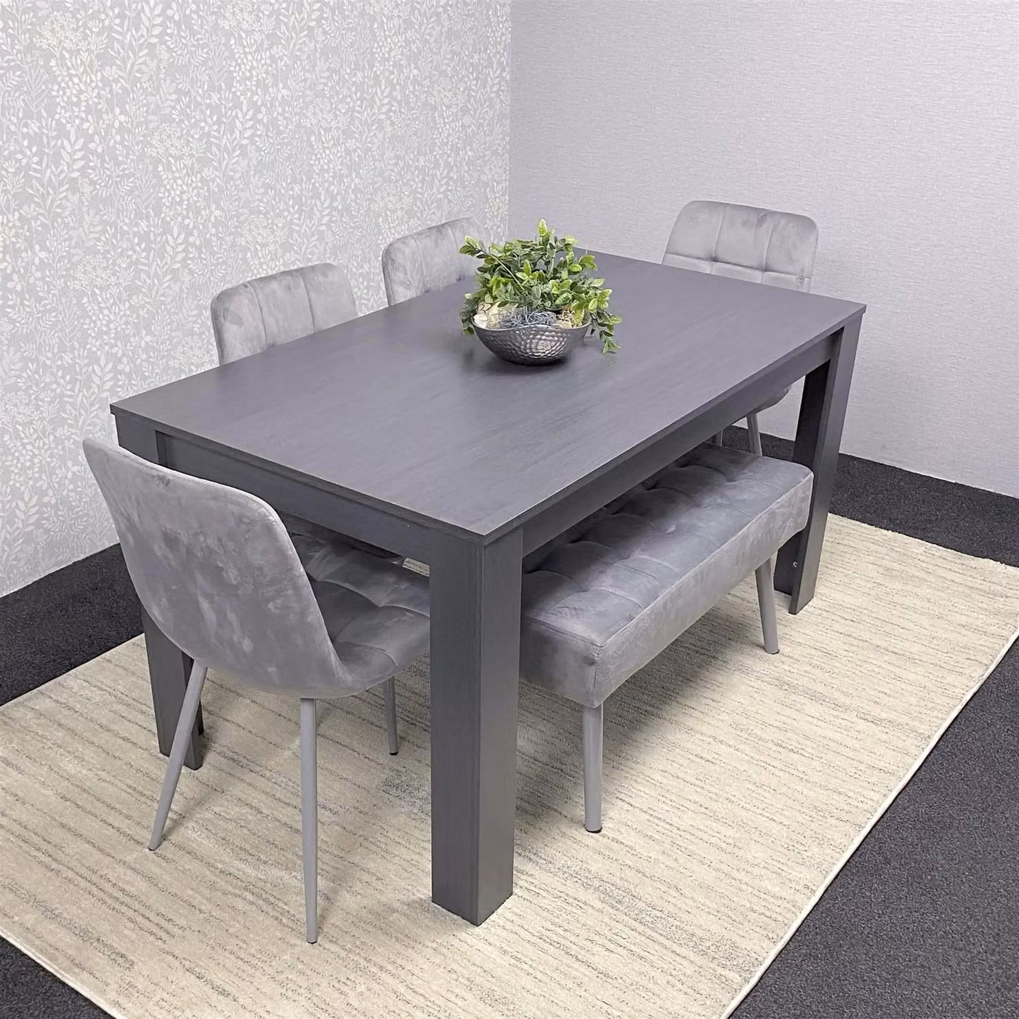 Kosy Koala Modern Dining Set with Rectangular Wood Table, 4 Grey Velvet Chairs and Bench – 2