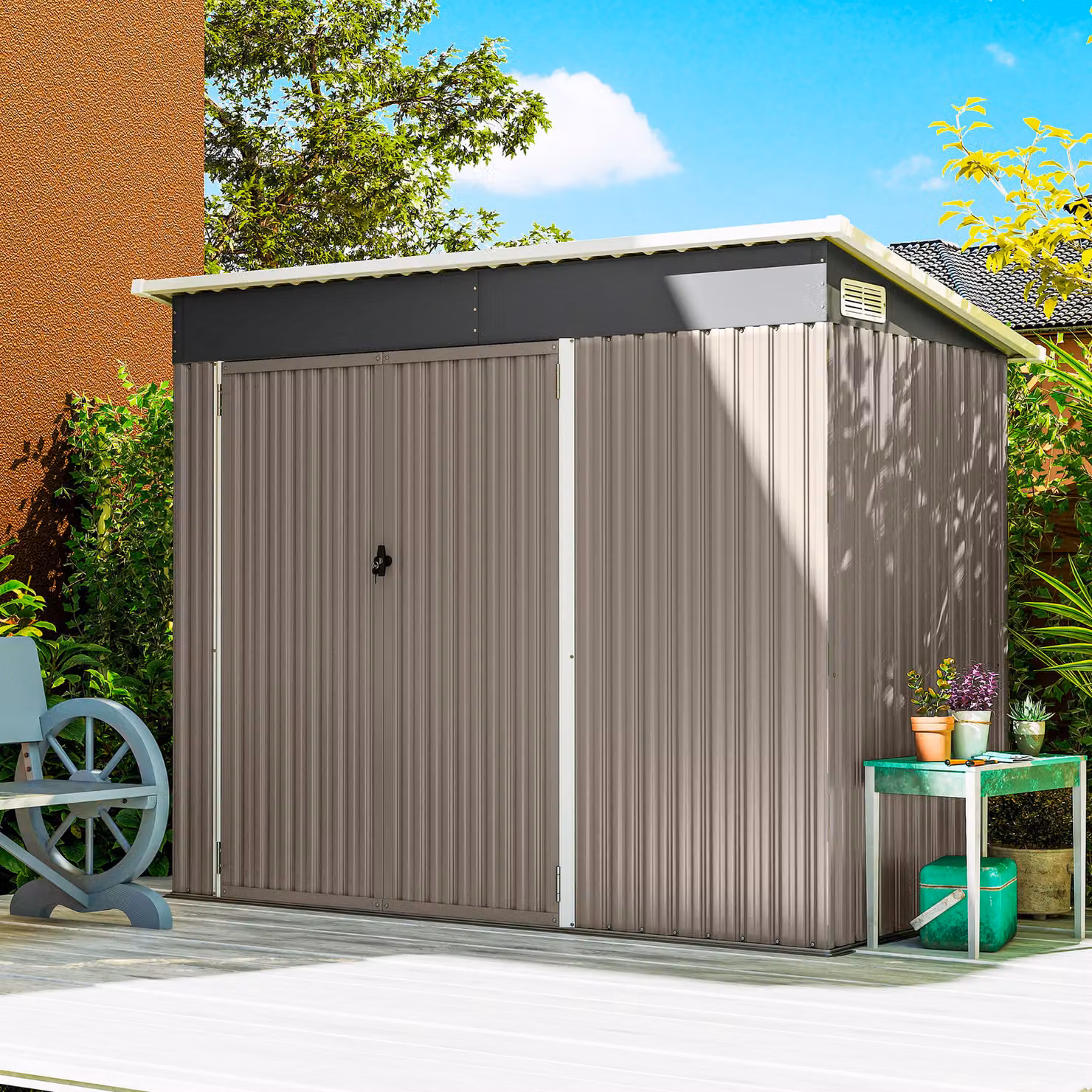 Outsunny Metal Garden Storage Pent Shed in Light Grey with Lockable Double Doors and Side Vents – 8