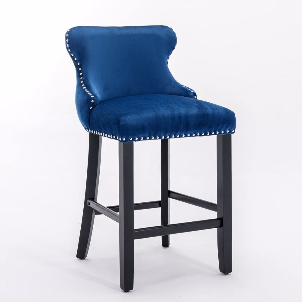 Modern Home Touch Set of 2 Blue Velvet Upholstered Bar Stools with Wood Legs – 3