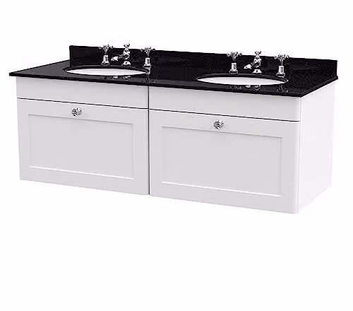 nuie Classique CLC194BR6 Wall Hung 2 Drawer Unit and 3 Tap Hole Double Marble Top with Round Basin in Satin White and Black, W: 122 cm, D: 47 cm, H: 50.9 cm