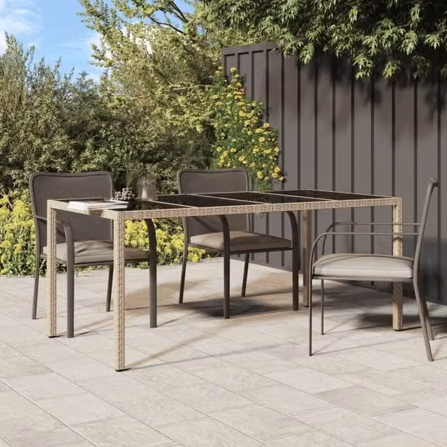Berkfield Home Garden Table in Beige with Tempered Glass and Poly Rattan, W/D/H: 190 x 90 x 75 cm