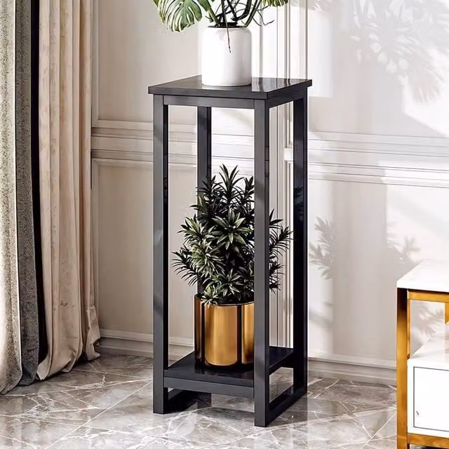 FORGEVIO 2-Tier Modern Metal and MDF Floor Plant Stand in Black, H 90 cm x W 100 cm x D 50 cm – 1