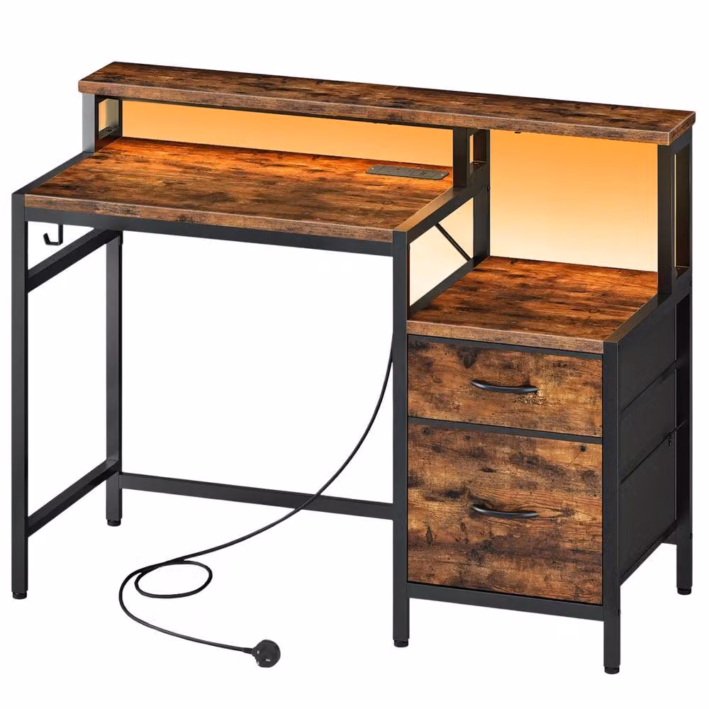 FURNOS Industrial Computer Desk with Drawers, USB Outlets and LED Lights in Brown – 5