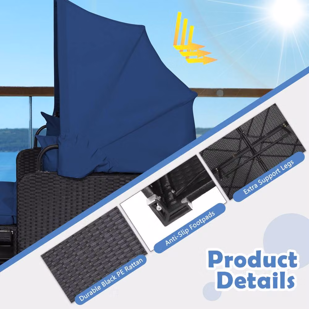 Costway Blue PE Rattan Wicker Daybed with Retractable Canopy for 2 Adults – 9