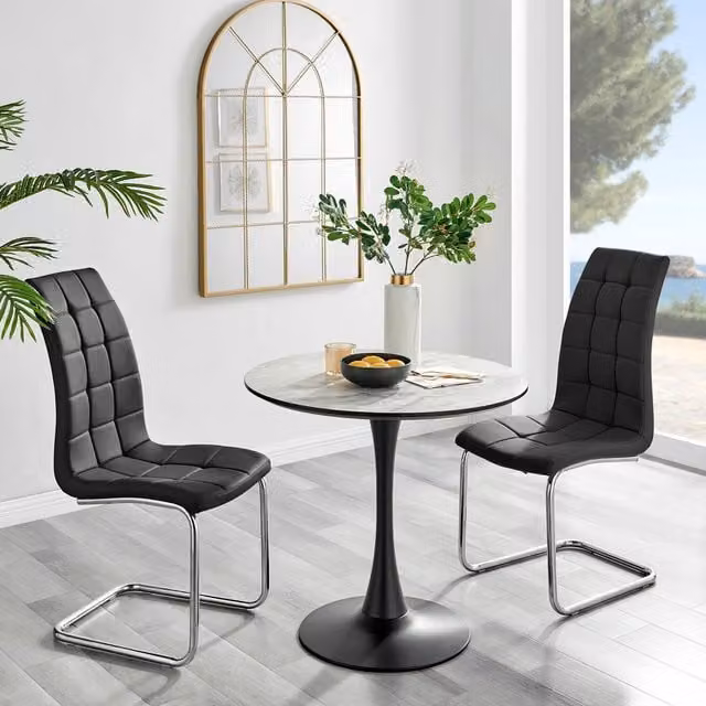 FurnitureboxUK Elina White Marble Effect Round Dining Table and 2 Murano Faux Leather Chairs in Black