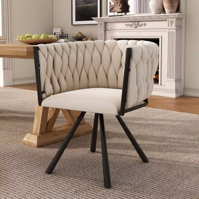 Merax Beige Velvet Swivel Dining Chair with Metal Legs – 1