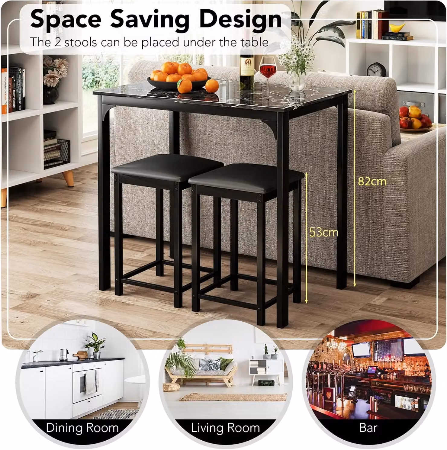Gymax 3-Piece Modern Dining Set with Rectangular Counter-Height Bar Table and Upholstered Stools in Black – 6