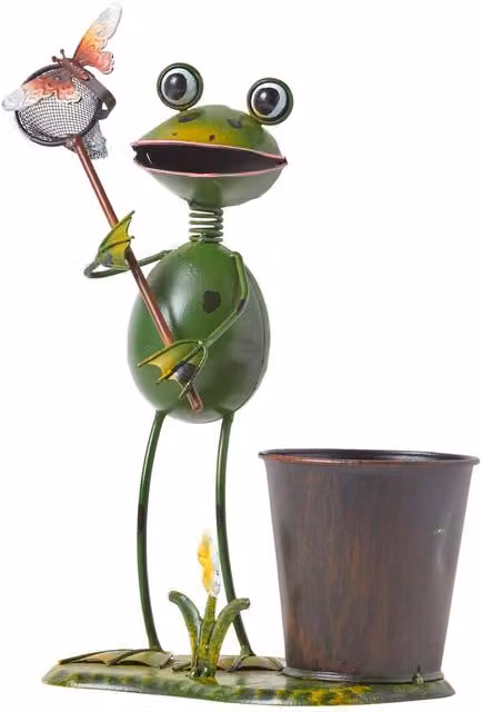 Homescapes Metal Frog with Butterfly Net and Flower Pot Garden Ornament, Green