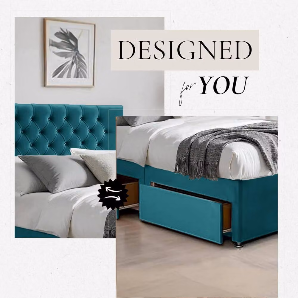 Bed Time UK Plush Velvet Upholstered Double Bed with Mattress, 2 Drawers and 20 inch Chesterfield Headboard in Green, W/D/H: 140 x 200 cm – 2