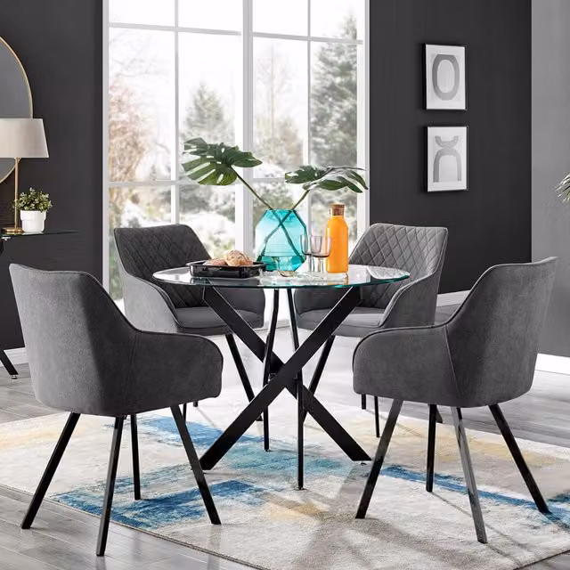 FurnitureboxUK Novara Round Glass Dining Table and 4 Falun Chairs in Dark Grey and Black