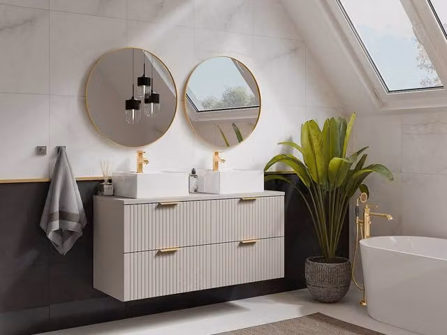 Vente-unique Suspended Grooved Bathroom Vanity Unit with Double Square Countertop in Beige, W/D/H: 120 x 46 x 57 cm