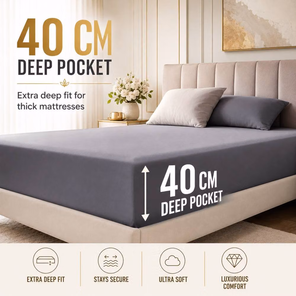 Pamposh Grey Microfibre Plain Fitted Sheet, Super King, W/D: 200 x 200 cm, Pocket Depth: 40 cm – 2