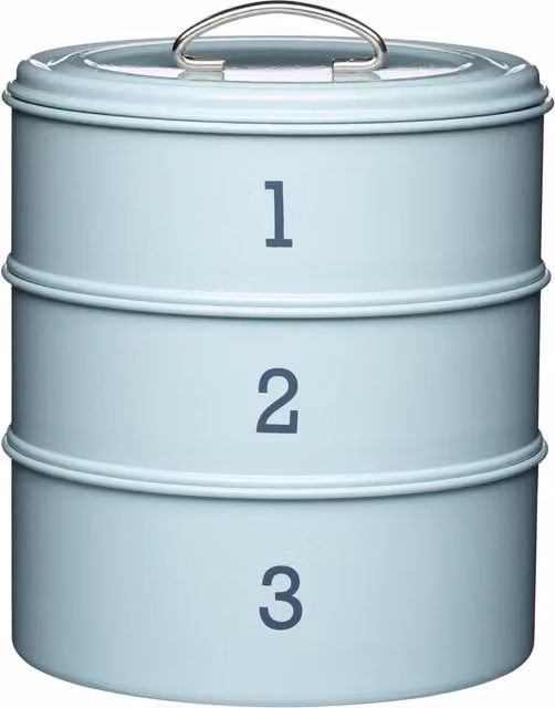 Living Nostalgia 4-Piece Vintage Blue Stainless Steel Kitchen Storage Set with Airtight Tea, Coffee and Sugar Canisters and Three-Tier Cake Tin