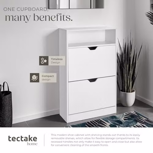 tectake Tall Shoe Storage Cabinet in White, W/D/H: 60 x 24 x 102 cm, Slim Space-Saving Design with 2 Tilting Compartments and Open Shelf for Up to 12 Pairs of Shoes – 4