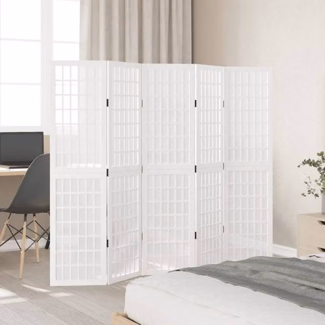 Berkfield Home 5 Panel Room Divider in White Solid Paulownia Wood, H 175 x W 160 cm