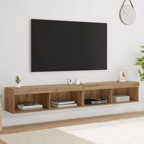 vidaXL 2-Piece TV Cabinet Set in Brown Artisan Oak, featuring a Wall-Mounted Cabinet and Lowboard with Integrated Lighting and Internal Shelves – 2