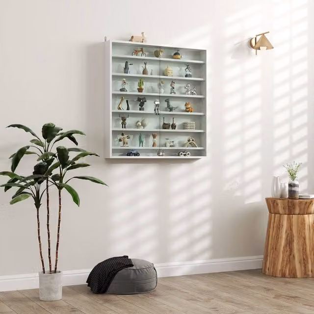 HOMCOM 7-Tier Wall Mounted Display Cabinet with Glass Doors and Adjustable Shelves in White