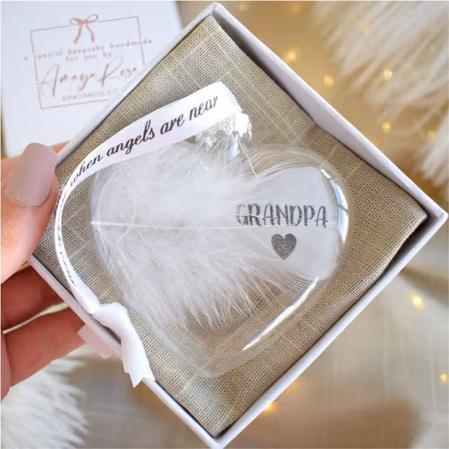 Amaya Rose Ltd In Memory of Grandpa Feather Heart Glass Bauble in White and Transparent