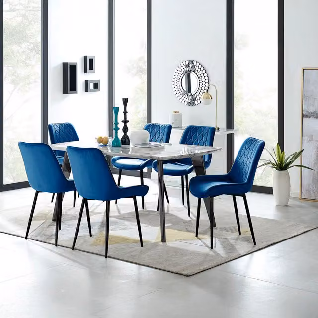 FurnitureboxUK Andria White Marble Effect Dining Table and 6 Pesaro Navy Blue Soft Velvet Chairs W/D/H: 160 x 90 x 75 cm