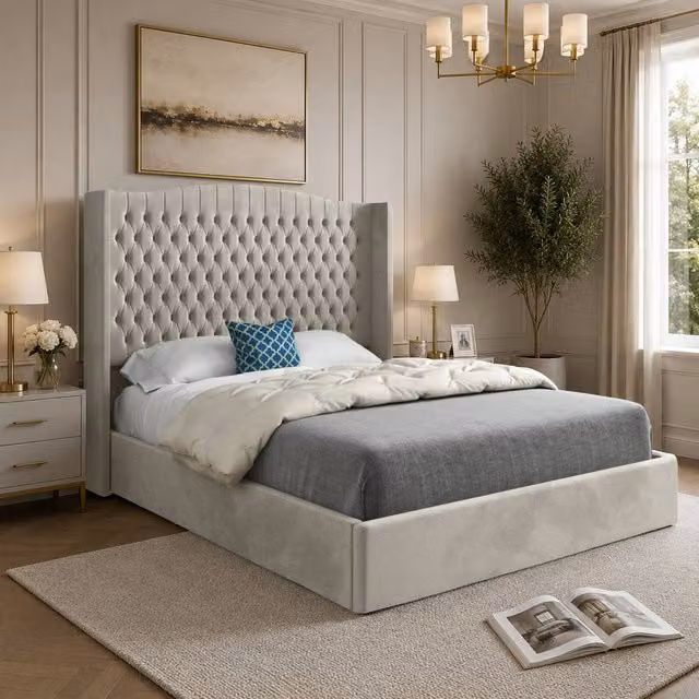 Casani Rotherwick Winged Upholstered Designer Bed Frame in Beige Velvet, W/D/H: 137 x 120 x 83 cm