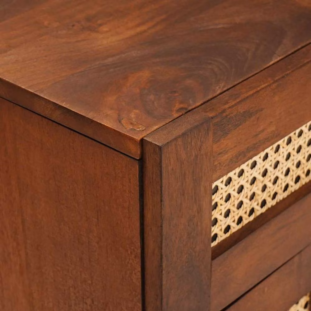 Berkfield Home Brown Cane and Solid Mango Wood Bedside Table with Drawer – 4